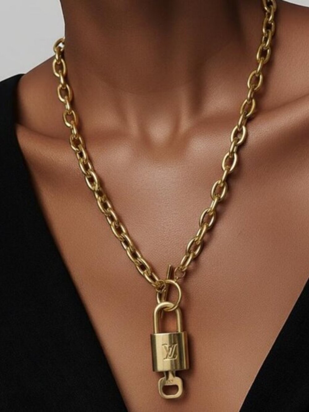 Authentic Louis Vuitton Gold Padlock w/Unbranded Stainless Steel Chain Necklace